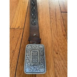 Ariat Women's Brown Leather Belt Large Belt Buckle Silver Scroll Design 2017